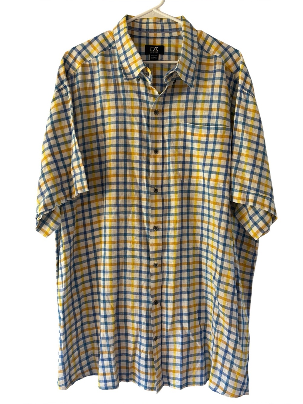 Cutter & Buck Men's Blue/Yellow/White Plaid Linen Blend Button Down Size 2XB